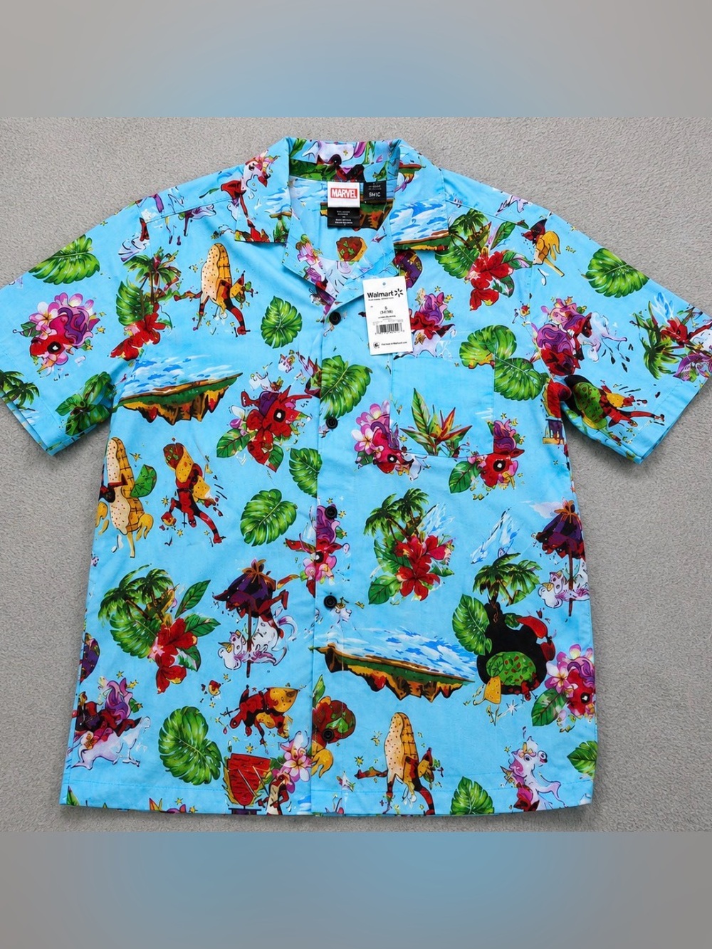 Marvel Deadpool unicorn Hawaiianshort sleeve collared button down tropical Small